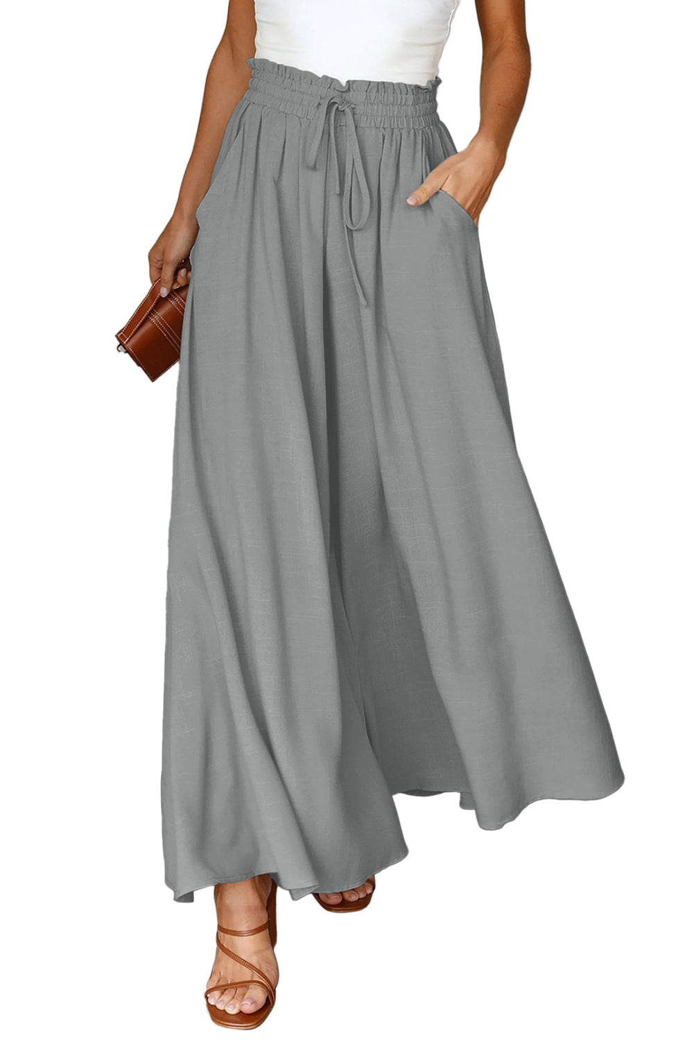 Black Drawstring Smocked High Waist Wide Leg Pants