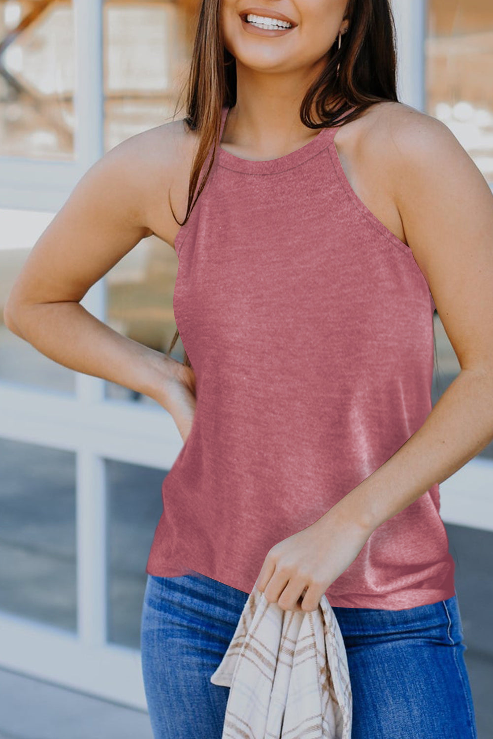 Pink Solid Color Crew Neck Tank Top