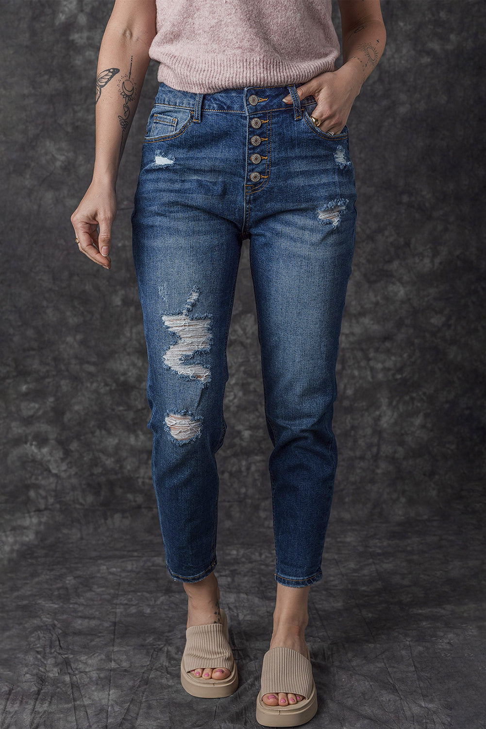 Blue Distressed Button Fly High Waist Skinny Jeans