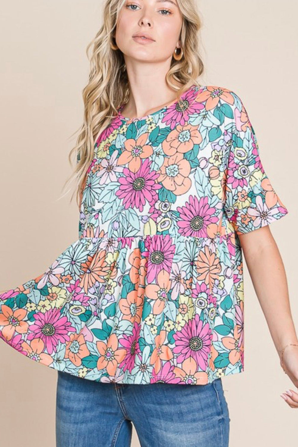 Multicolor Bohemian Flower Print Flowy Short Sleeve Top