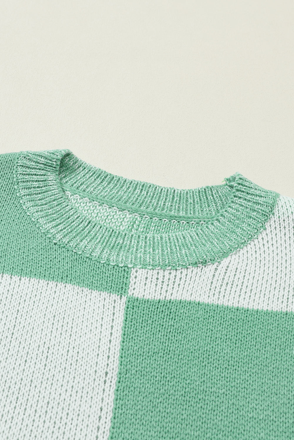 Mint Green Checkered Print Drop Shoulder Sweater