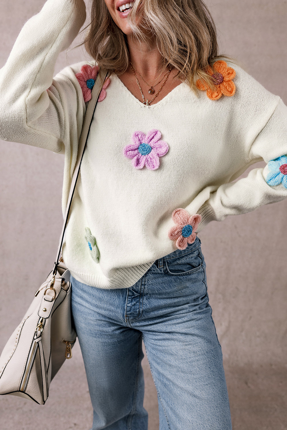 White Crochet Flower V Neck Sweater