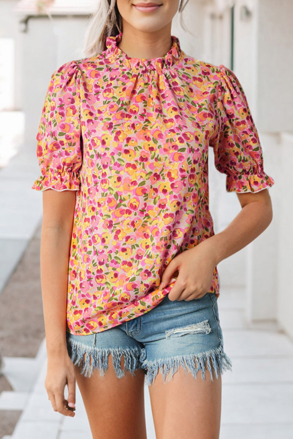 Yellow Boho Floral Ruffle Short Sleeve Frill Mock Neck Blouse