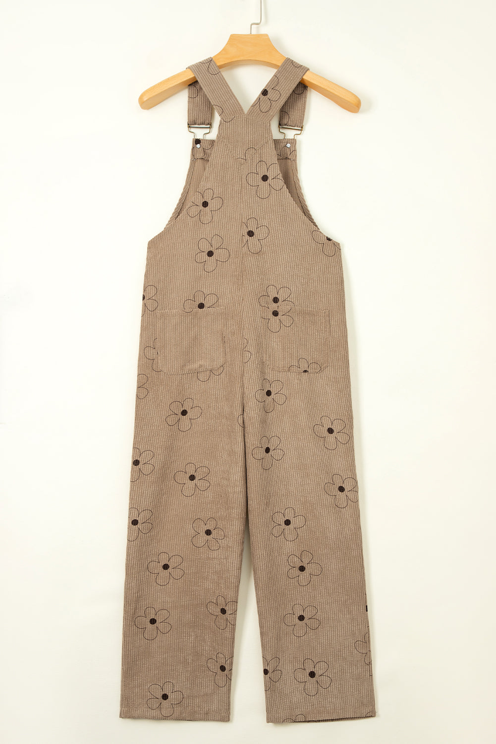 Khaki Flower Print Corduroy Overalls