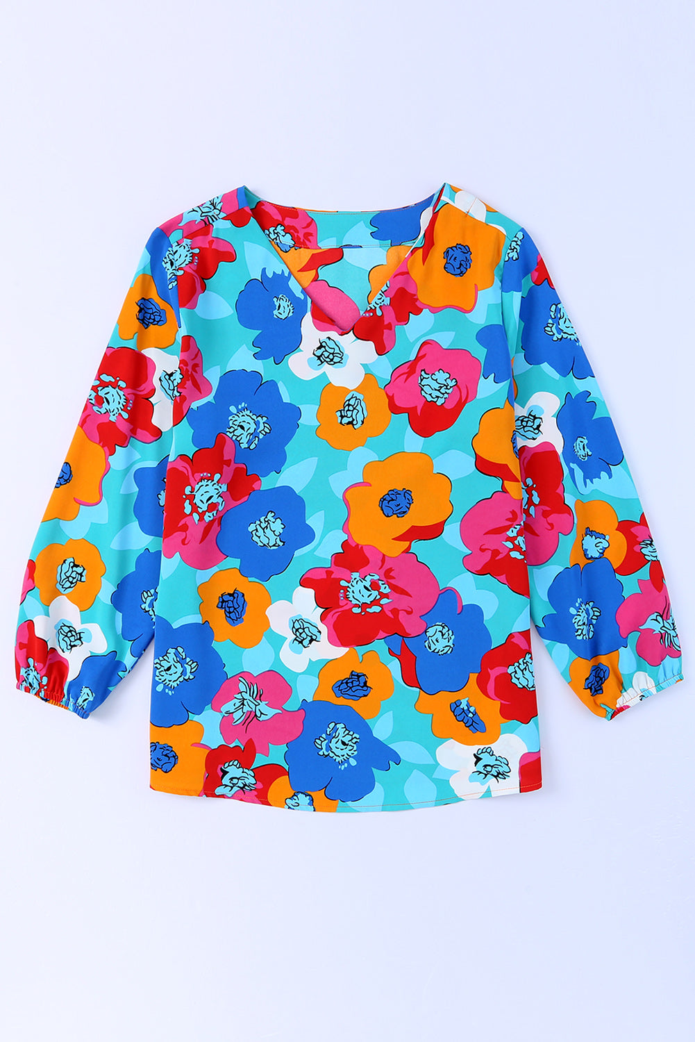 Rose Multicolor Floral Print V Neck 3/4 Sleeve Blouse