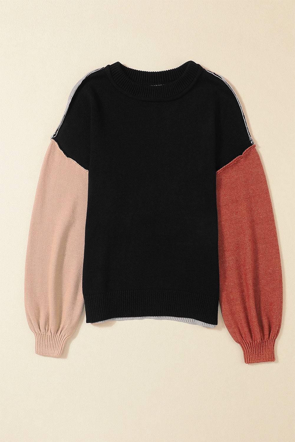 Coffee Colorblock Bishop Sleeve Ribbed Trim Sweater