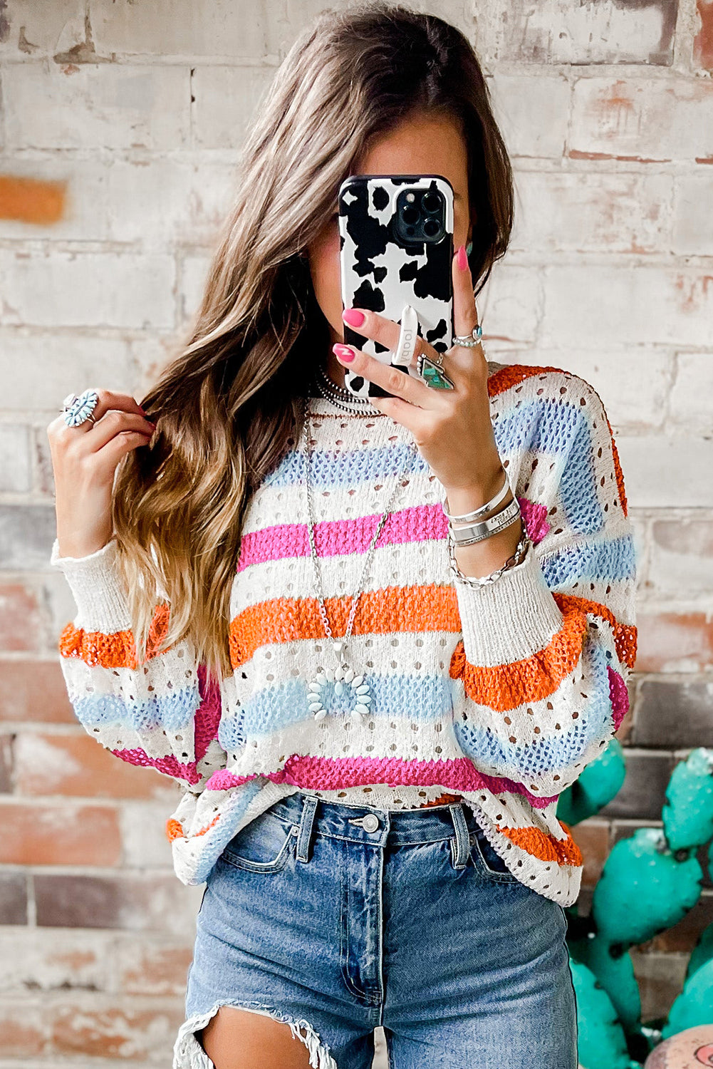 Multicolor Striped Hollowed Knitted Loose Sweater