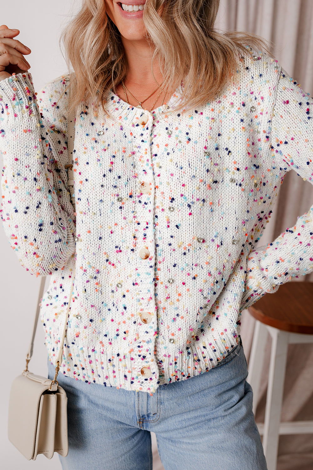 Aruba Blue Rhinestone Decor Multicolor Confetti Sweater Cardigan