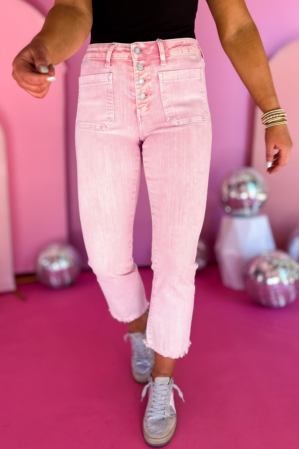 Apricot Pink Multi Buttons Raw Edge Crop Jeans