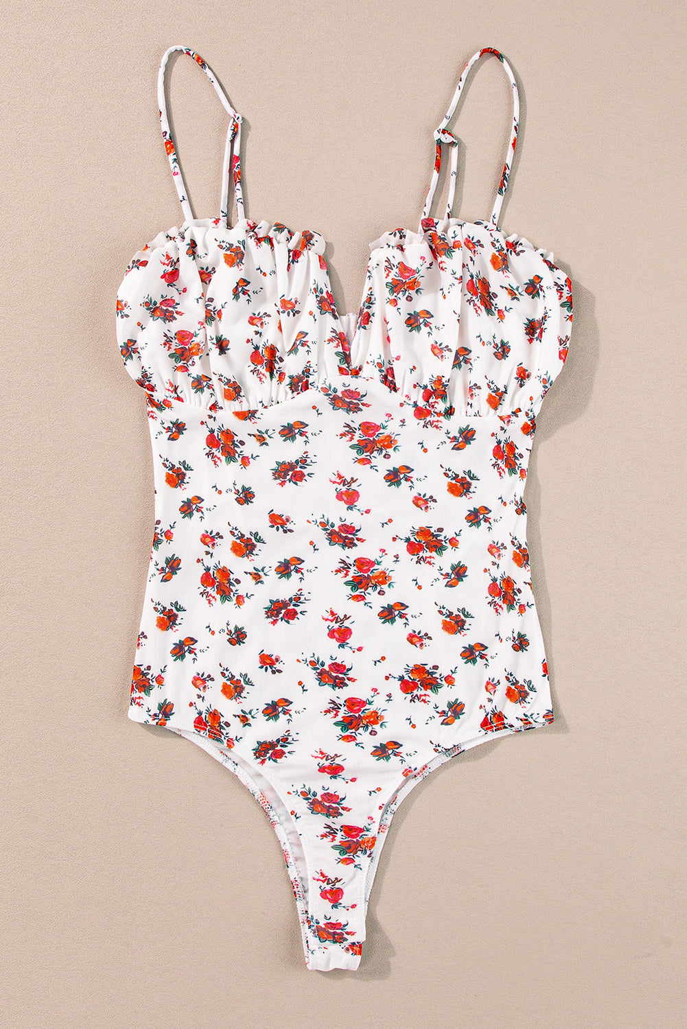 White Floral V Cut Frilled Trim Spaghetti Straps Bodysuit