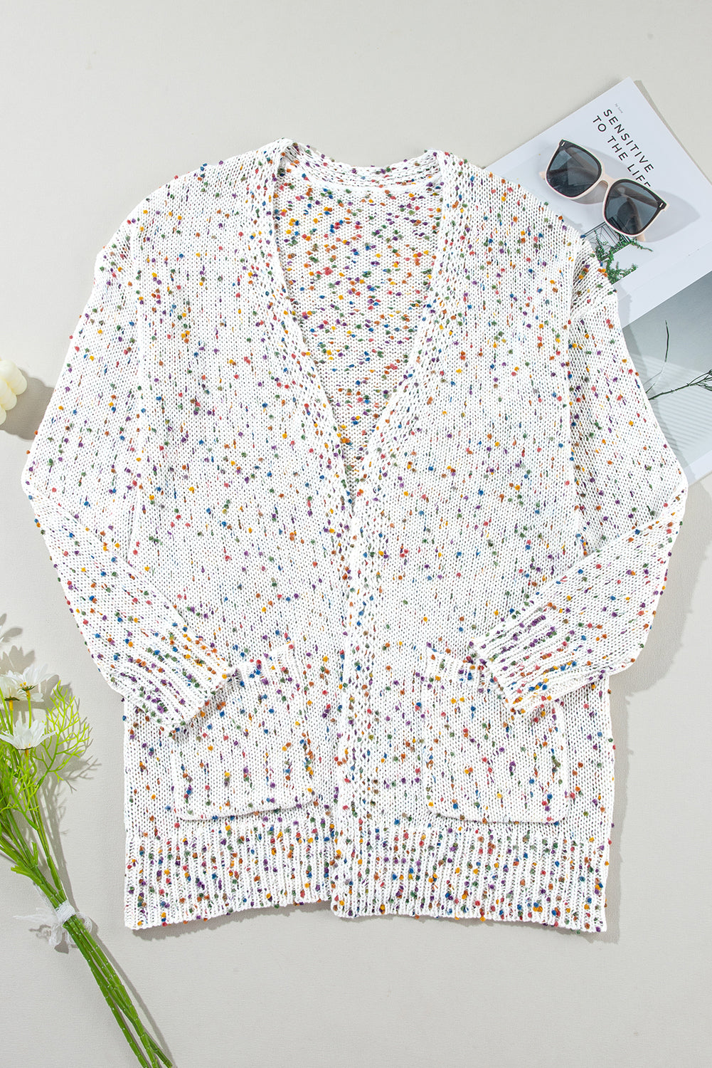 White Multicolor Dotted Rib Knit Long Sleeve Cardigan