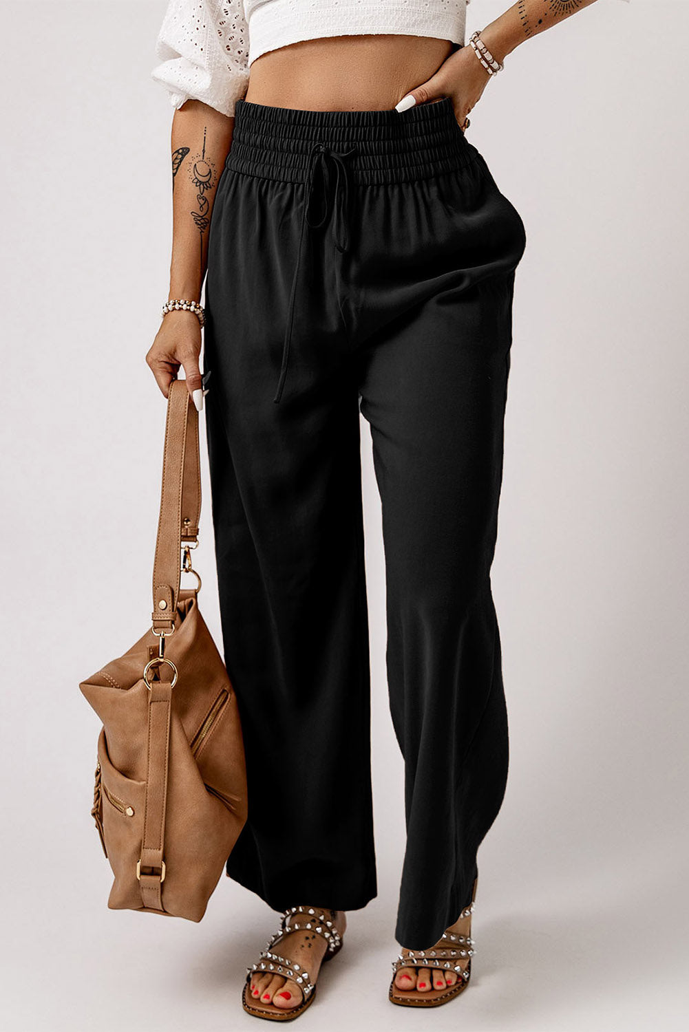 Brown Drawstring Elastic Waist Casual Wide Leg Pants