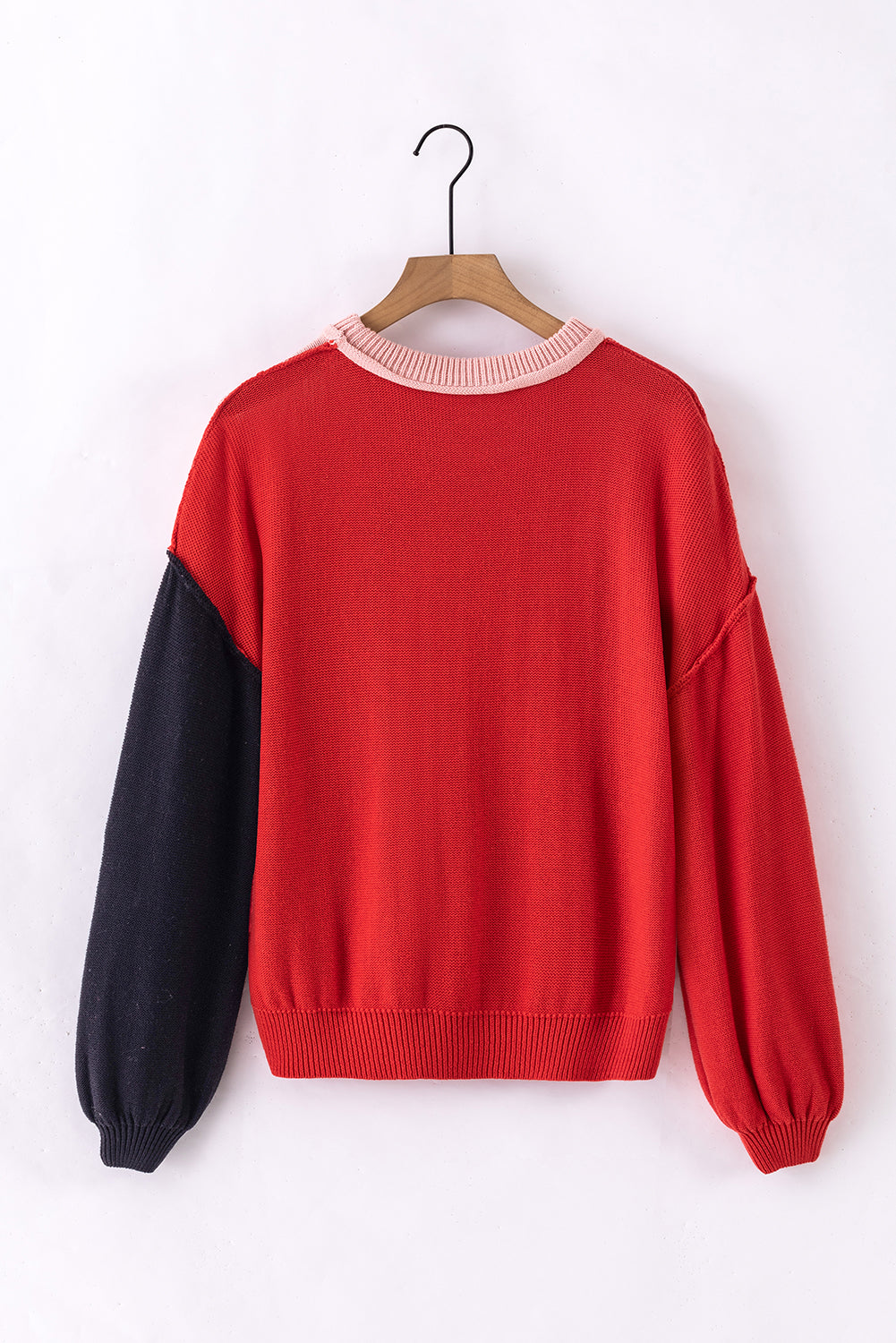 Coffee Colorblock Bishop Sleeve Ribbed Trim Sweater