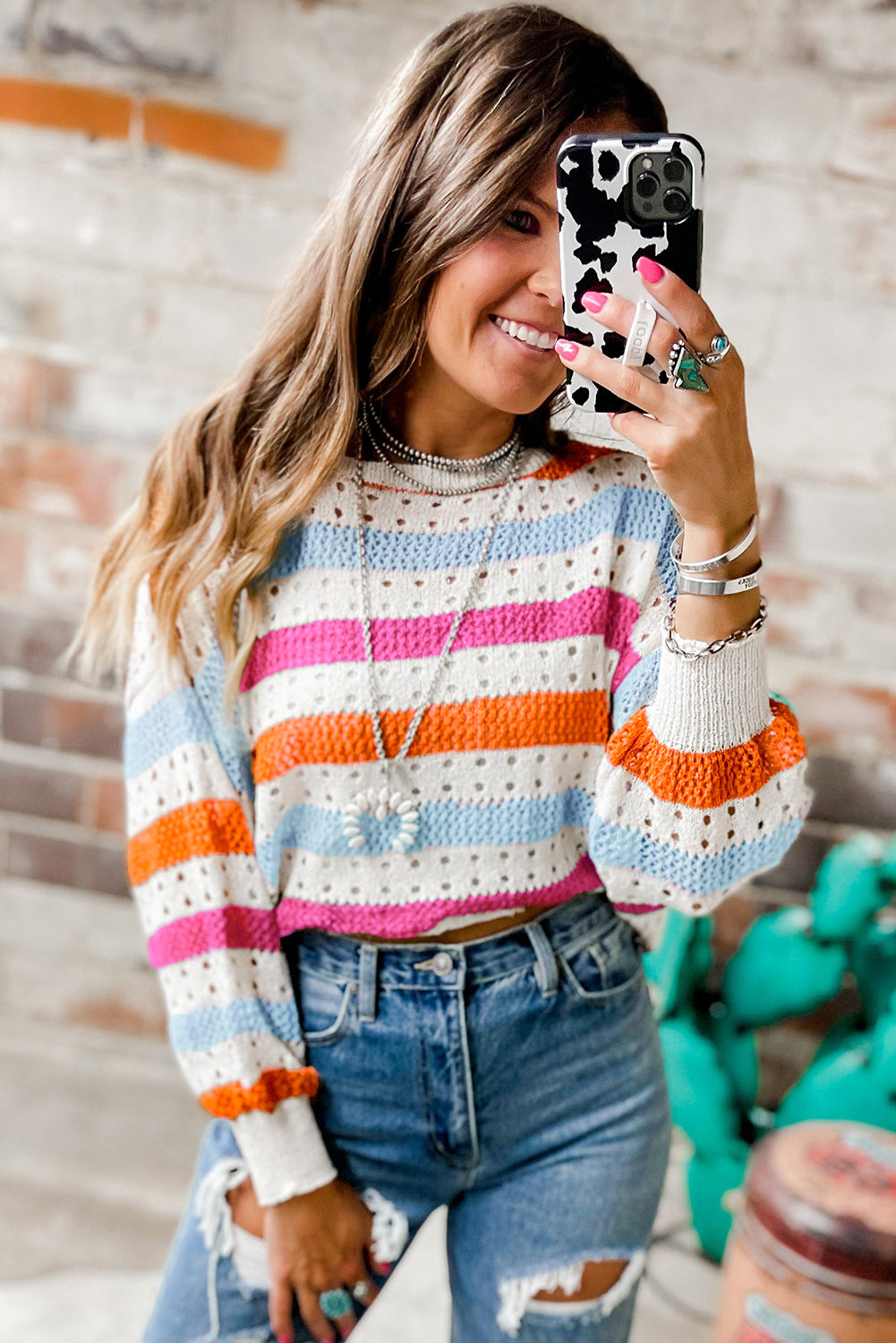 Multicolor Striped Hollowed Knitted Loose Sweater