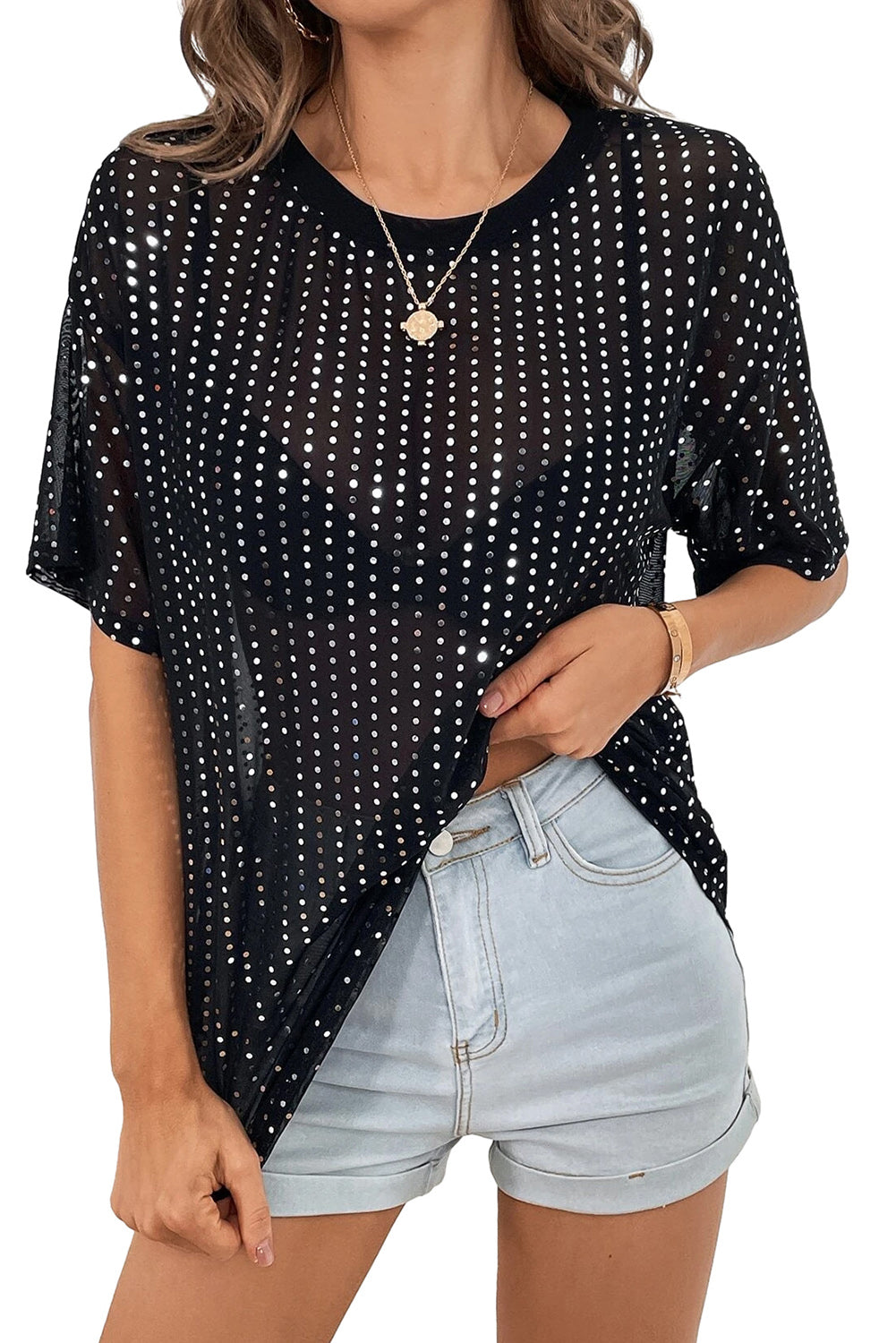 Black Sequin Drop Shoulder Sheer T-shirt