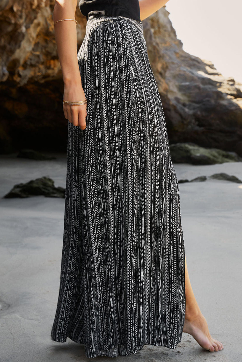 Black Printed Striped Printed Slit Wide Leg High Waist Pants