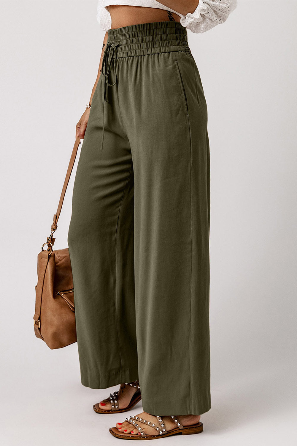 Brown Drawstring Elastic Waist Casual Wide Leg Pants