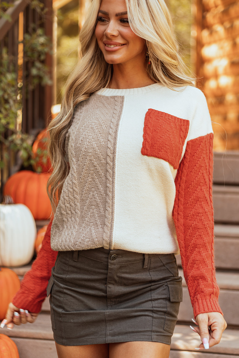 Gold Flame Colorblock Patched Pocket Drop Shoulder Sweater