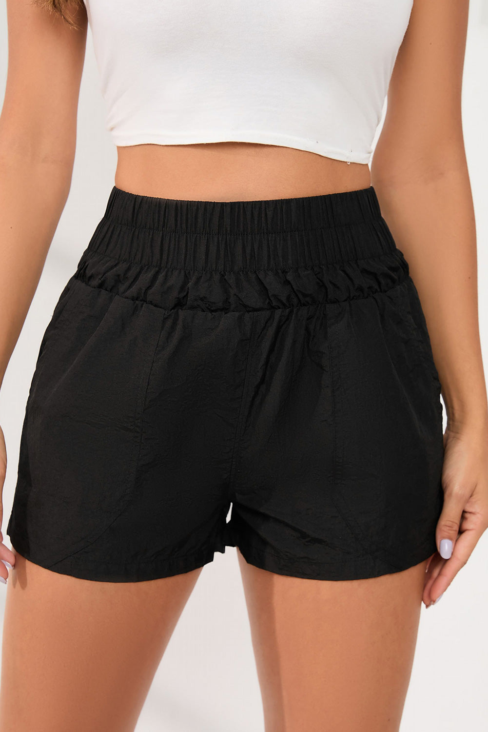 Black Elastic High Waist Side Pockets Shorts