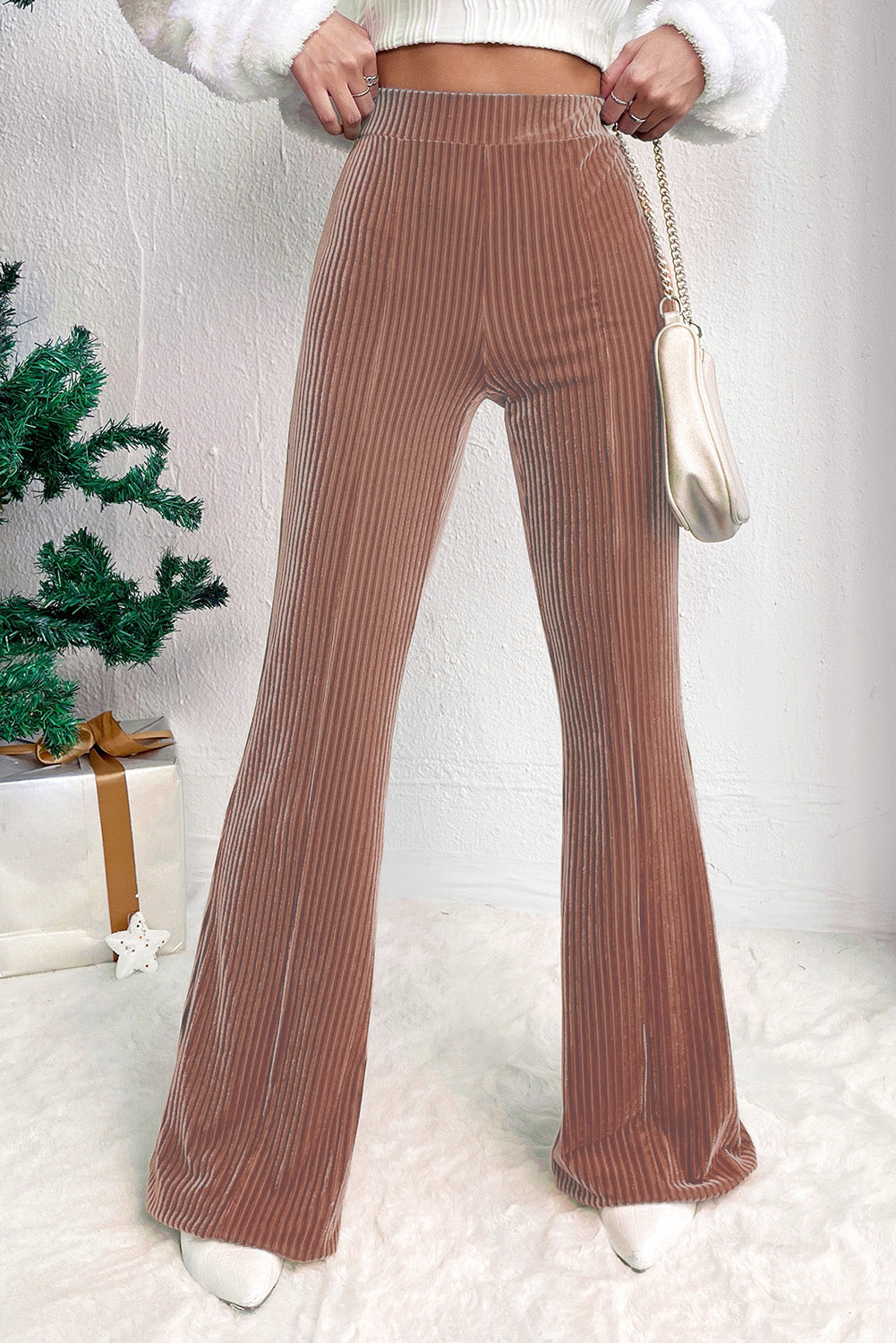 Black Solid Color High Waist Flare Corduroy Pants