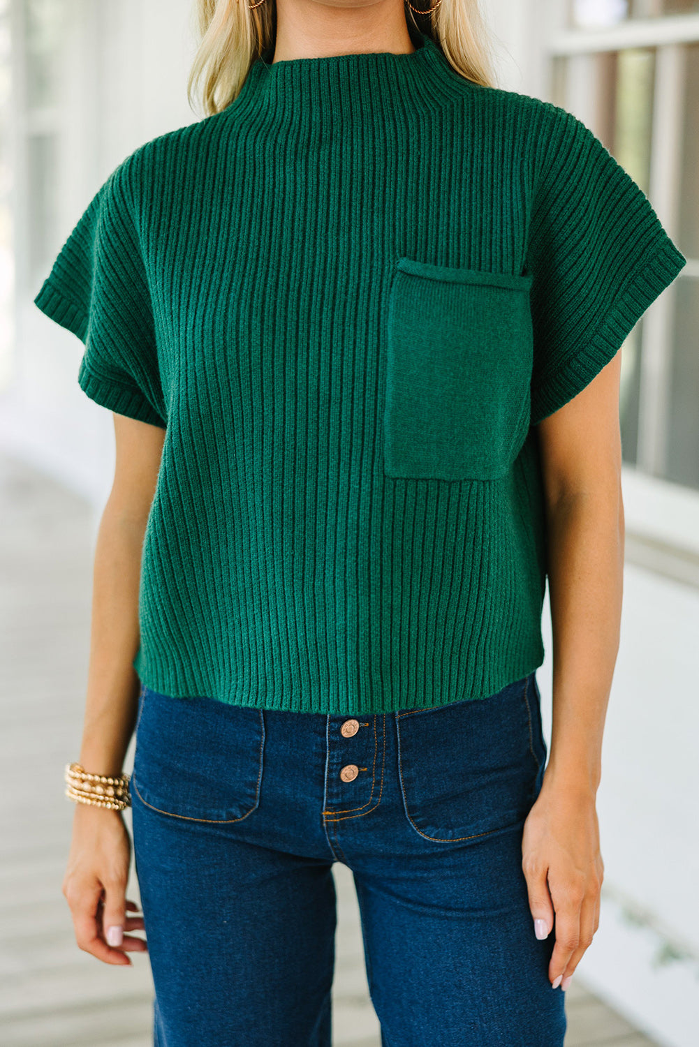 Oatmeal Patch Pocket Ribbed Knit Short Sleeve Sweater