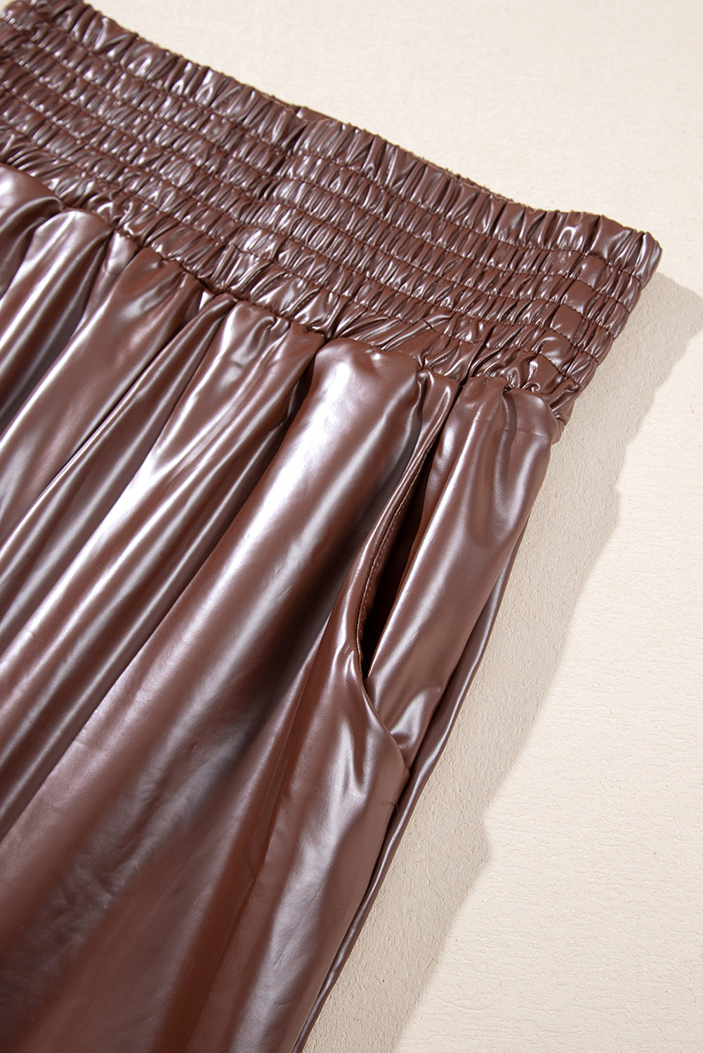 Brown Smocked High-Waist Leather Skinny Pants