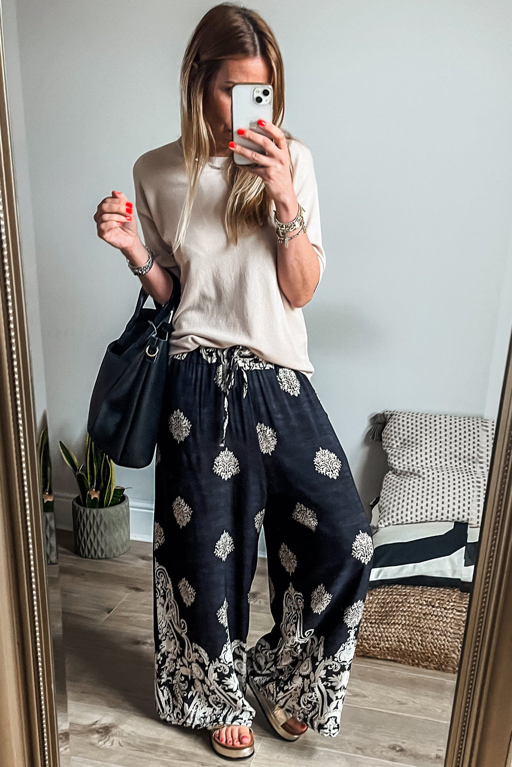 Black Bohemian Printed Drawstring Waist Wide Leg Pants