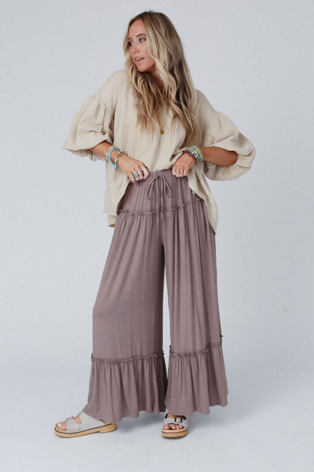 Black Frilled Drawstring High Waist Wide Leg Pants