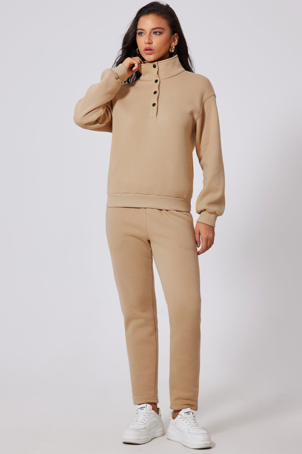 Parchment Solid Half Button Sweatshirt and High Waist Sweatpants Set