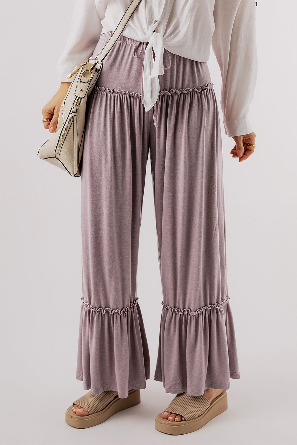 Black Frilled Drawstring High Waist Wide Leg Pants