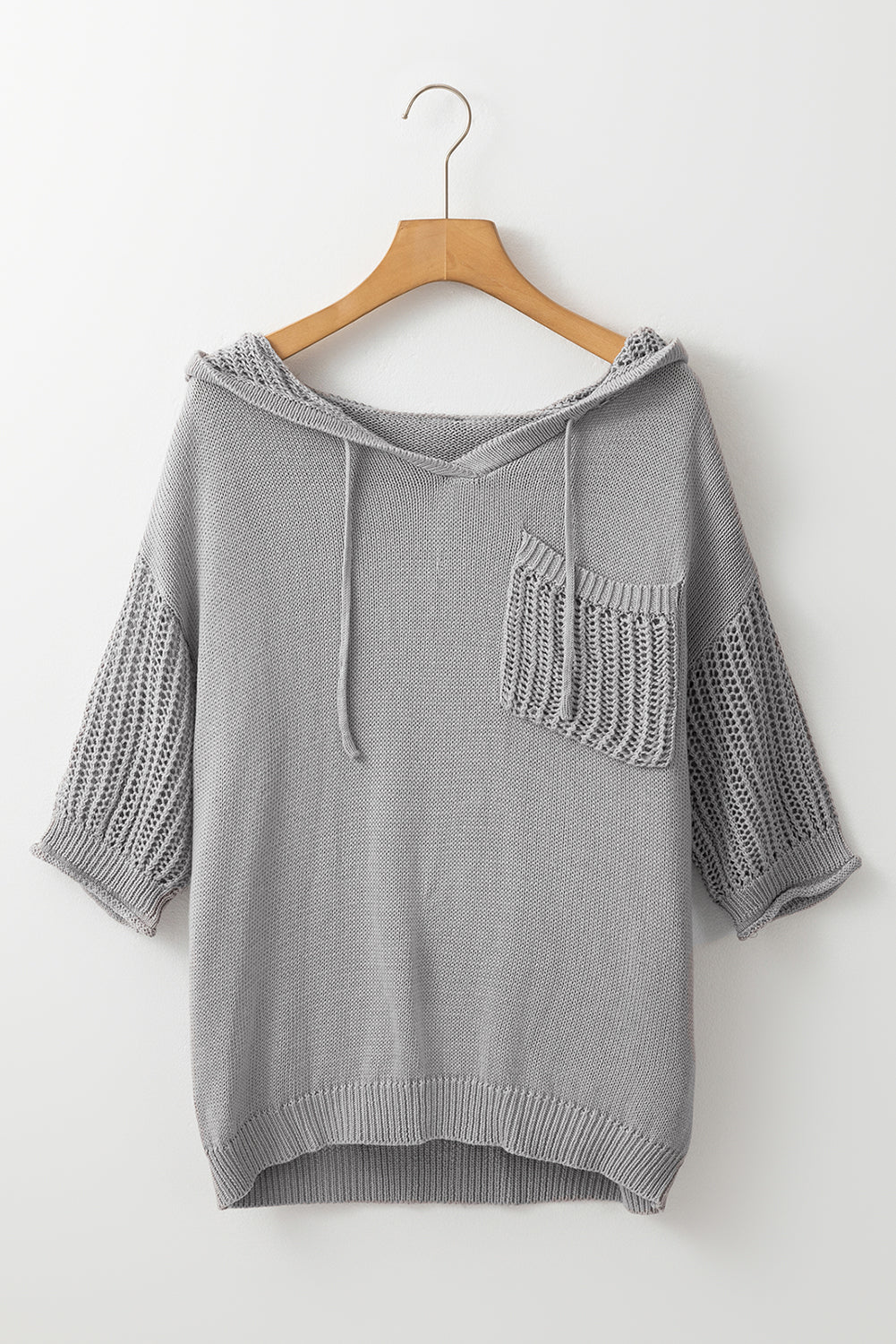 Light Grey Openwork Drawstring Hooded Short Sleeve Sweater Top