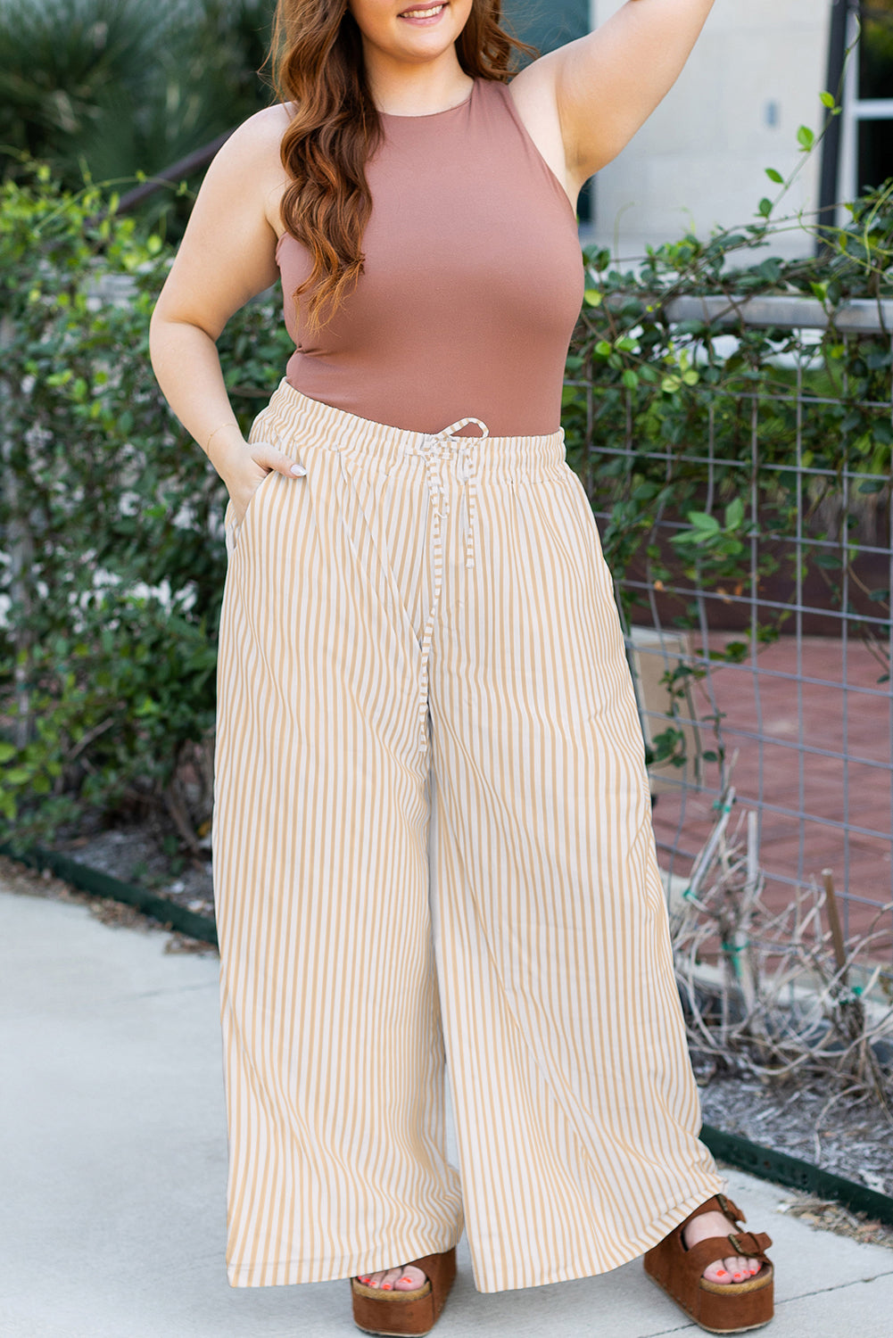 Khaki Stripe Plus Size Drawstring High Waist Wide Leg Pants