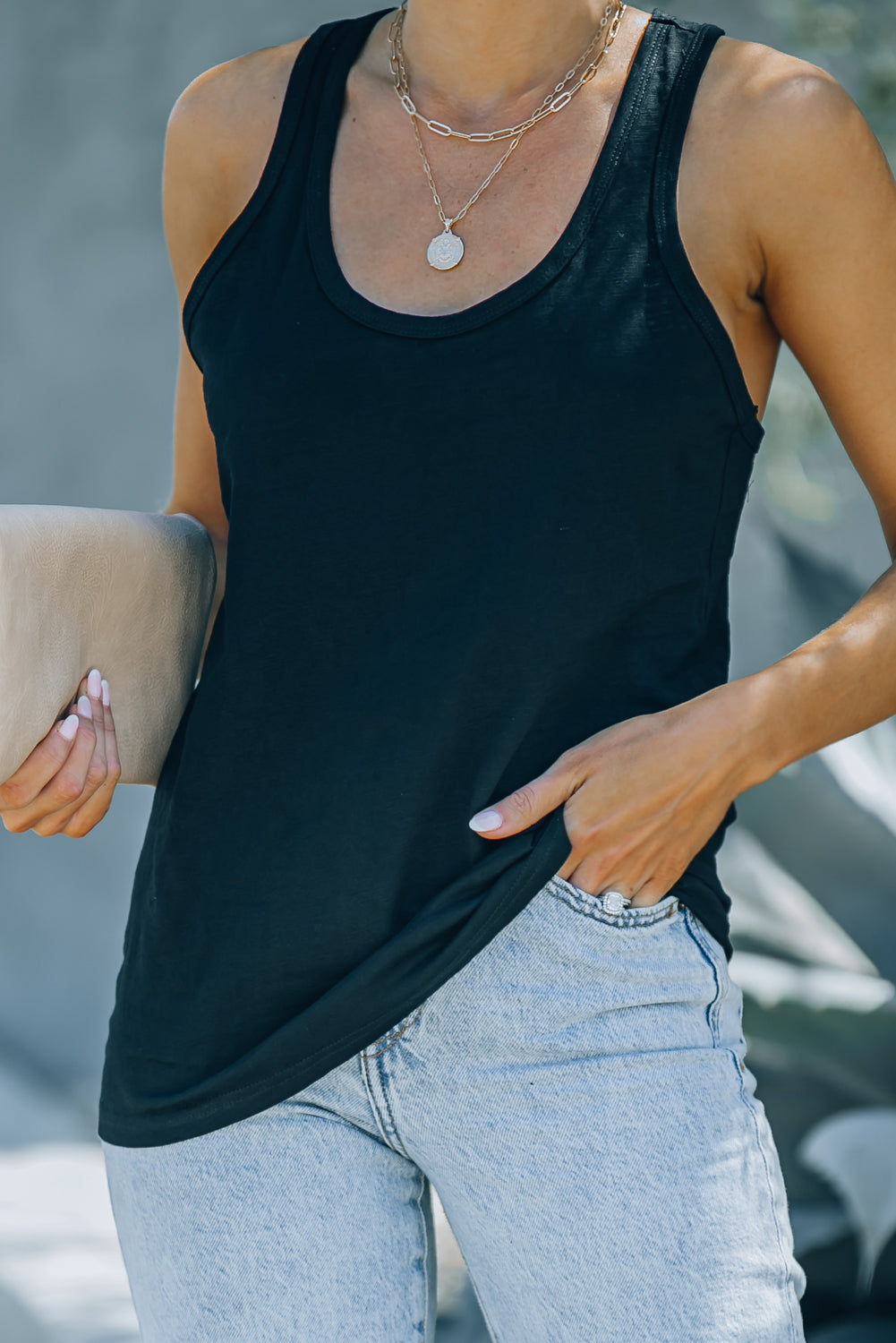 Pink Scoop Neck Basic Solid Tank Top