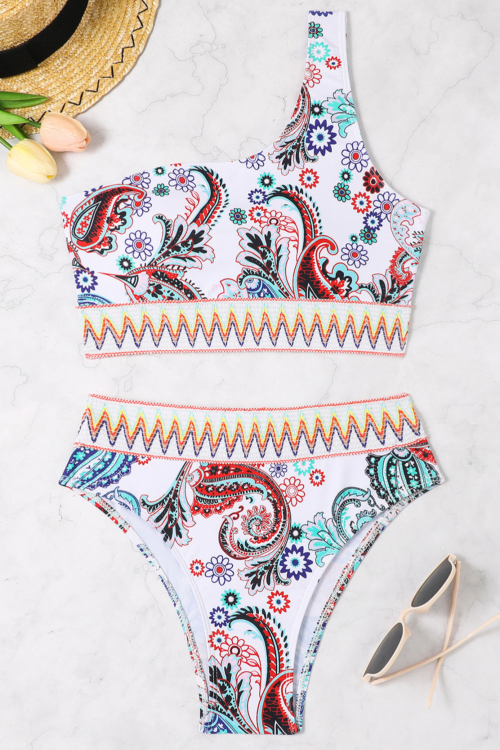 White Boho Paisley Contrast Trimmed One-shoulder Bikini