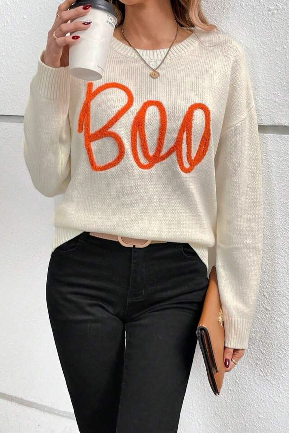 Black Boo Knitted Pattern Ribbed Edge Drop Shoulder Sweater