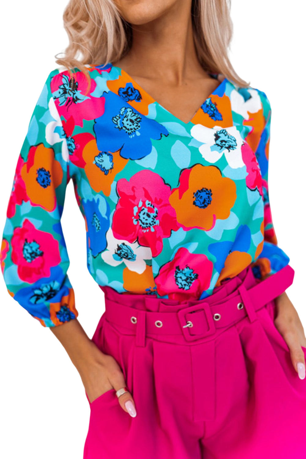 Rose Multicolor Floral Print V Neck 3/4 Sleeve Blouse