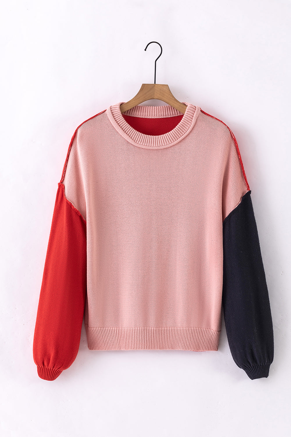 Coffee Colorblock Bishop Sleeve Ribbed Trim Sweater