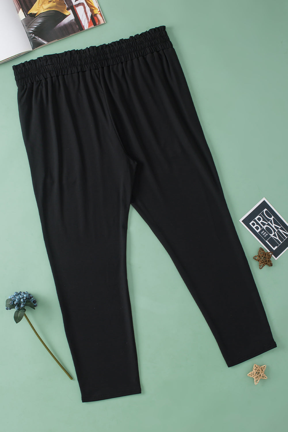 Black Plus Size Frill High Waist Pocketed Soft Pants