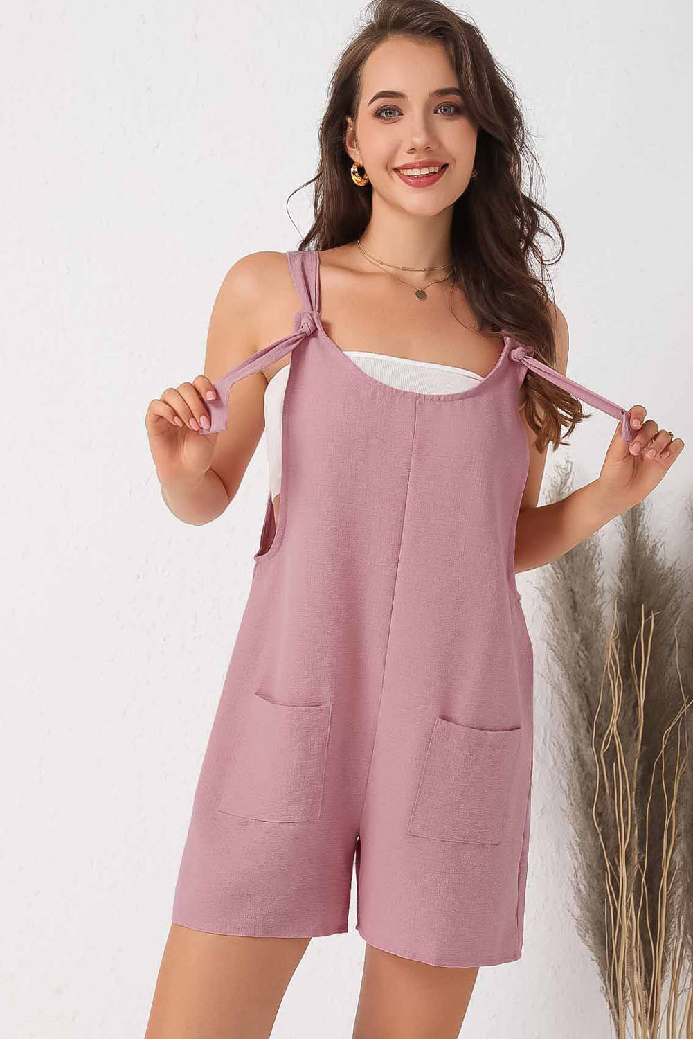 Rose Adjustable Straps Pocketed Textured Romper