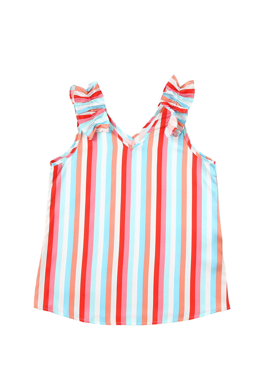 Multicolor Striped V Neck Ruffle Straps Tank Top