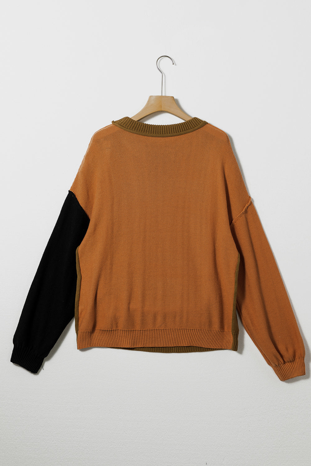 Coffee Colorblock Bishop Sleeve Ribbed Trim Sweater