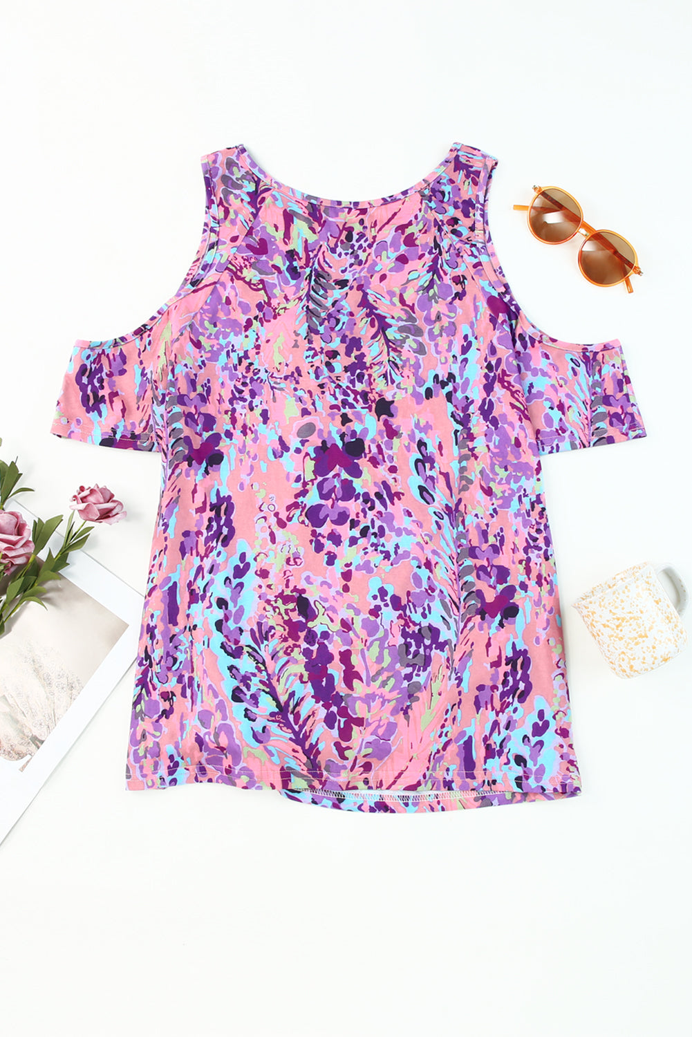 Multicolor Lavender Floral Print Cold Shoulder Blouse