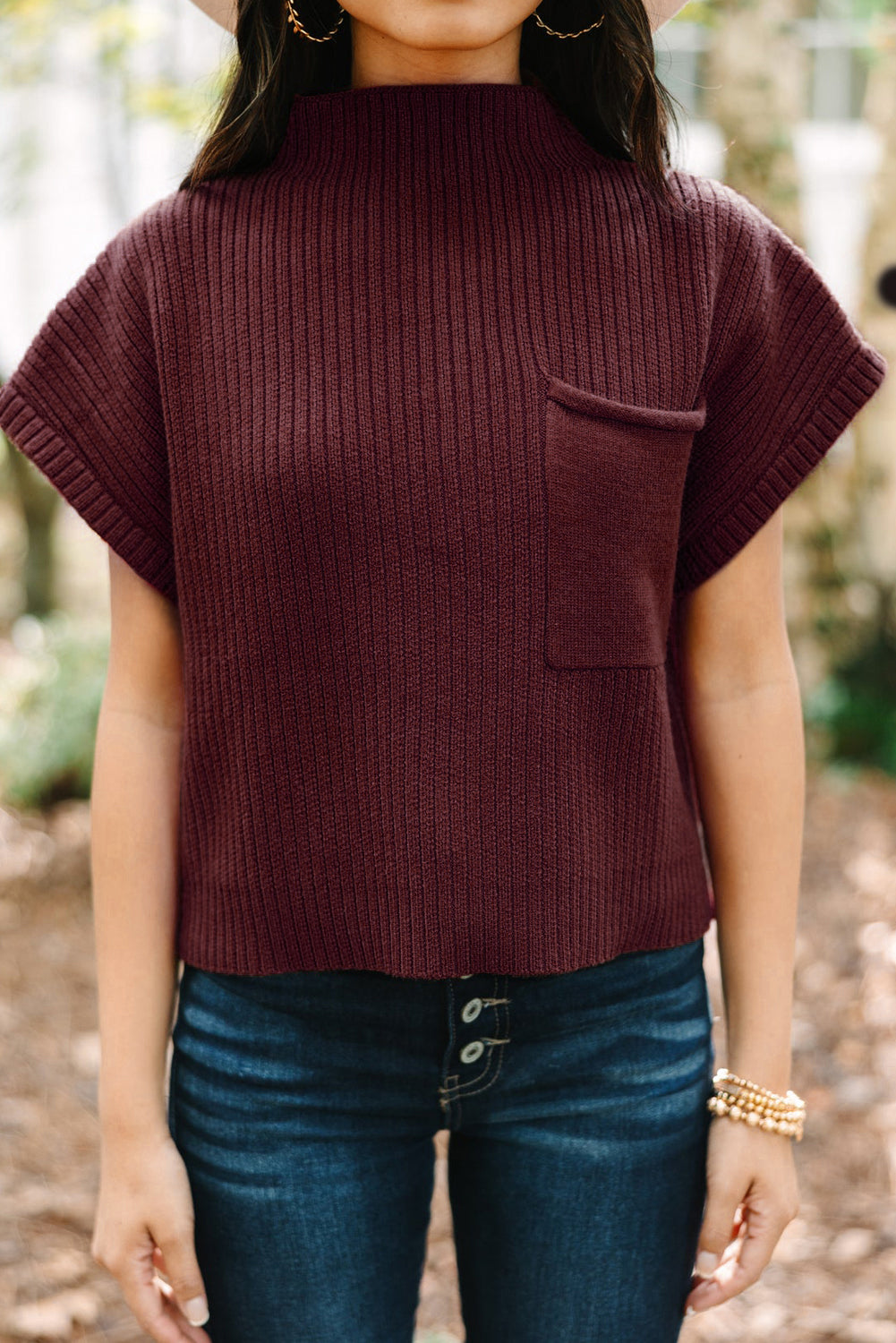 Oatmeal Patch Pocket Ribbed Knit Short Sleeve Sweater