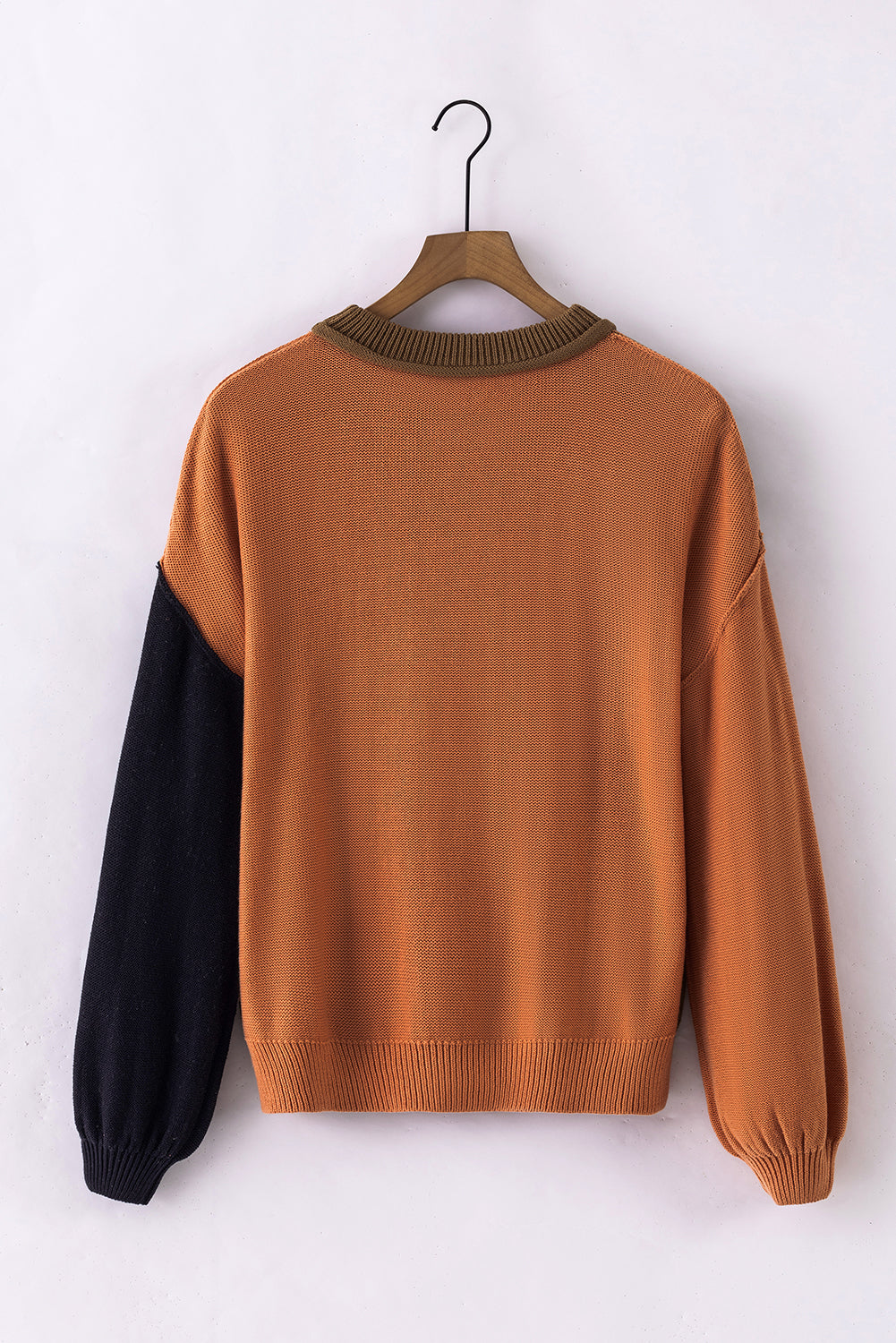 Coffee Colorblock Bishop Sleeve Ribbed Trim Sweater