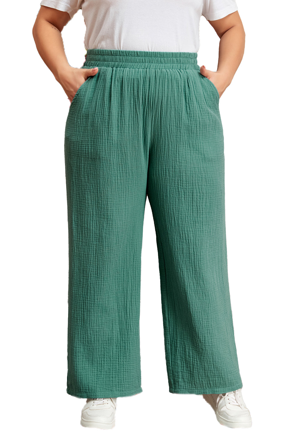 Smoke Green Plus Size Textured Frayed Edge Wide Leg Pants