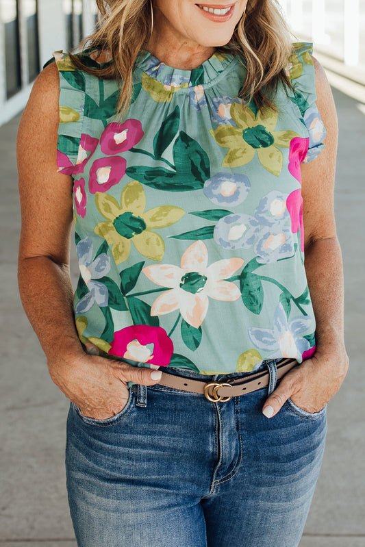 Green Floral Print Ruffle Trim Tank Top