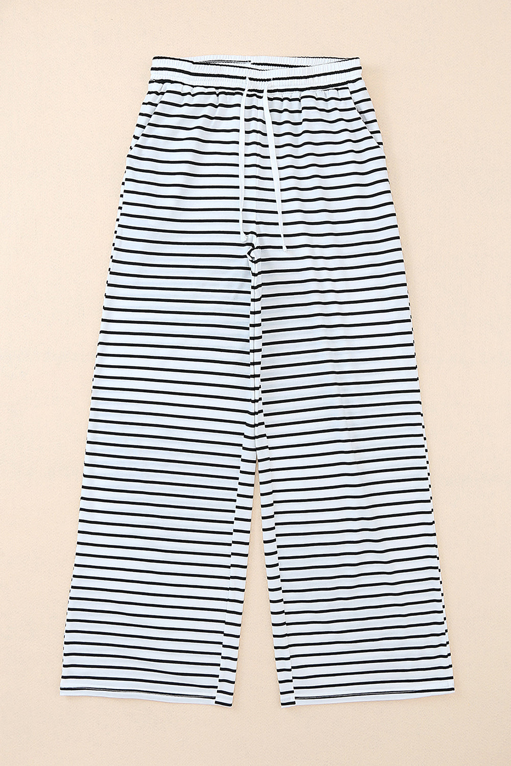 White Drawstring Striped Wide Leg Pants