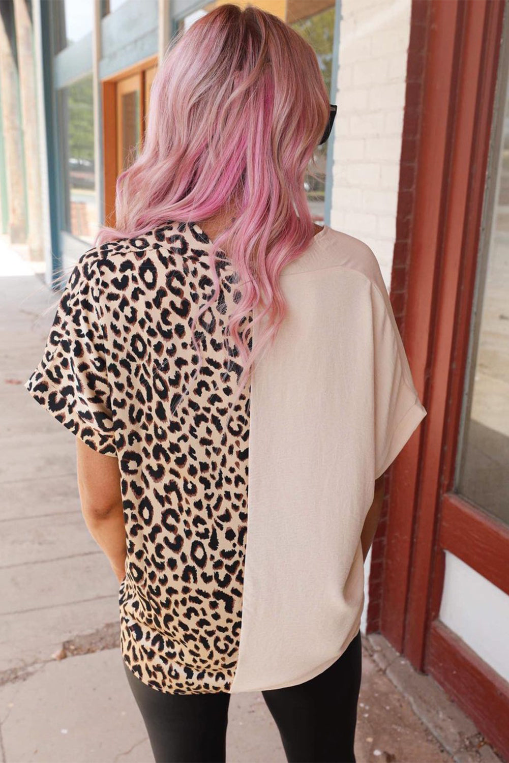 Rose Contrast Leopard Color Block Blouse