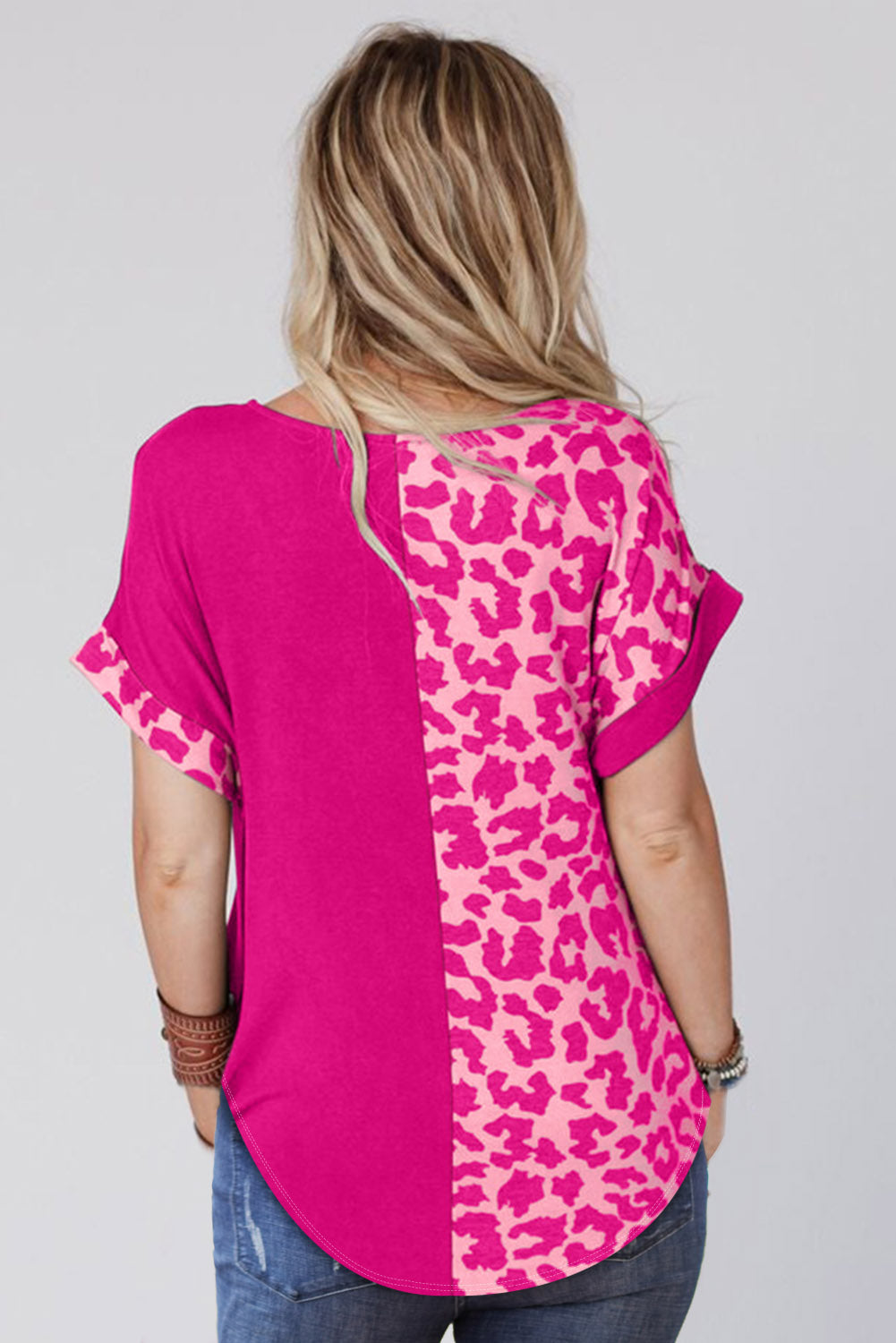 Black Half Leopard Patchwork Short Sleeves Top