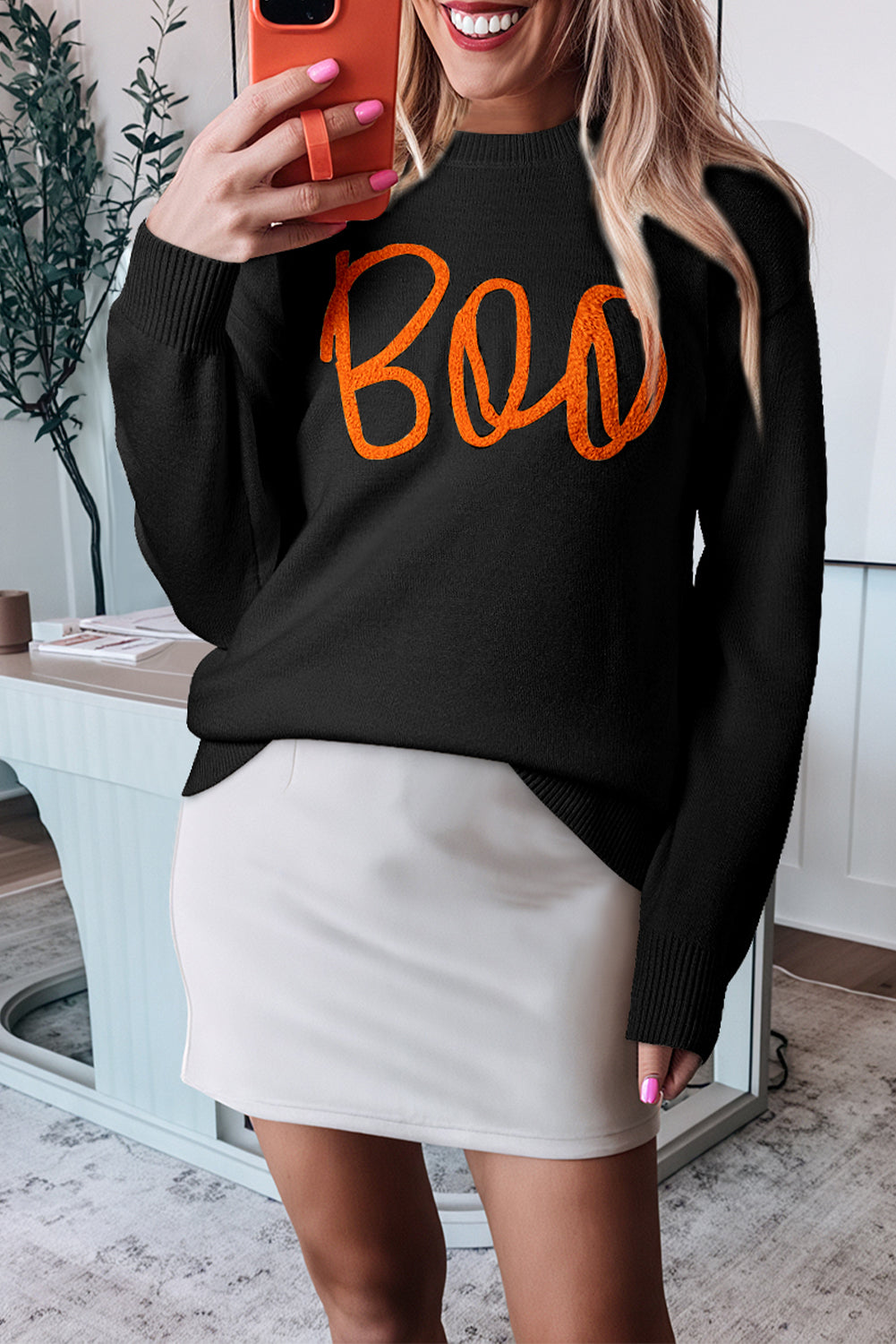 Black Boo Knitted Pattern Ribbed Edge Drop Shoulder Sweater